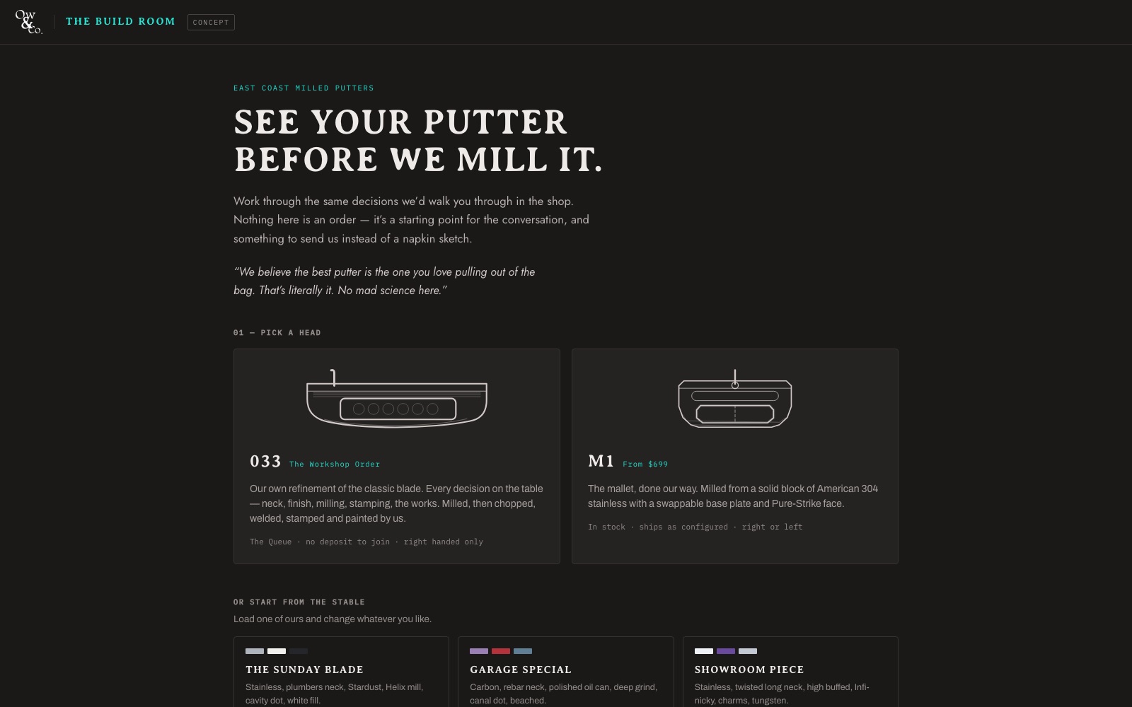 The Build Room: a dark page headed 'See your putter before we mill it', offering the 033 blade and the M1 mallet