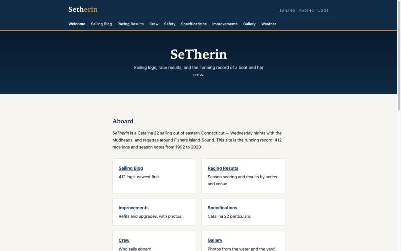 Setherin.com: a navy masthead over a welcome page listing the sailing blog, racing results, improvements and specifications